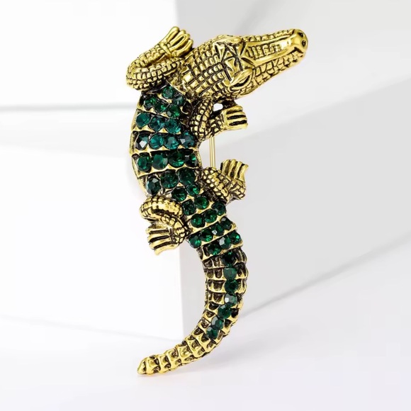 Alligator Emerald Crystal Gold Brooch - Picture 2 of 4